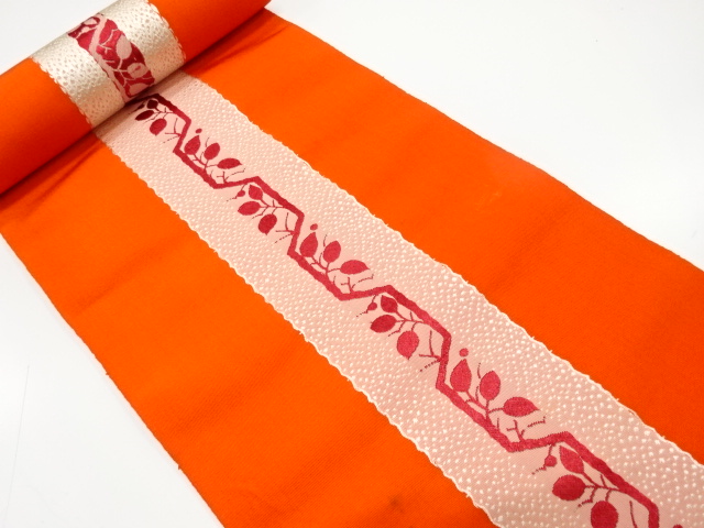 JAPANESE KIMONO / ANTIQUE BOLT FOR HASSUN OBI / WOVEN STRIPE & LEAVES